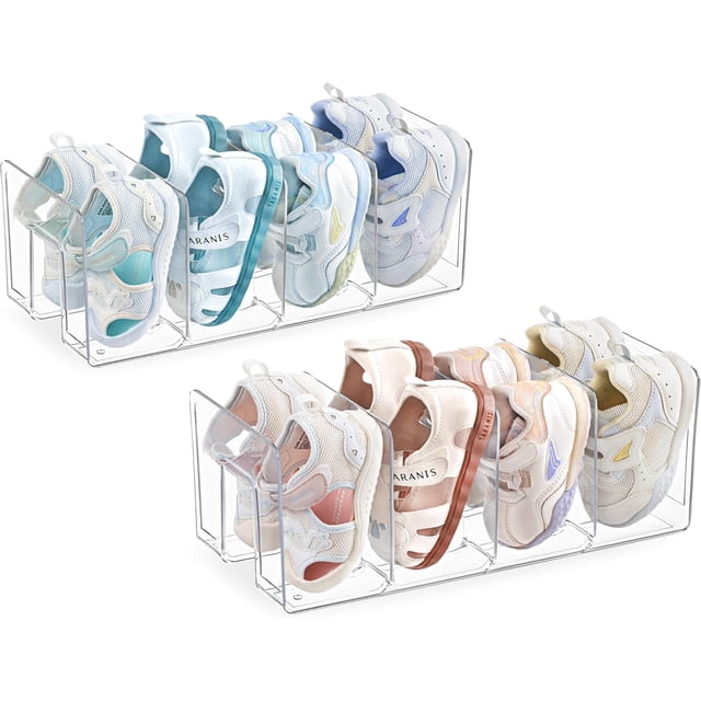 REJODA-Clear Acrylic Kids Shoe Rack for Closet Organizers and Storage, Small Shoe Rack 4 Sections Toddler Baby Shoe Storage Organizer Stackable Shoe Shelf,Desk File Sorter Book Purse Organizer(2 Pack