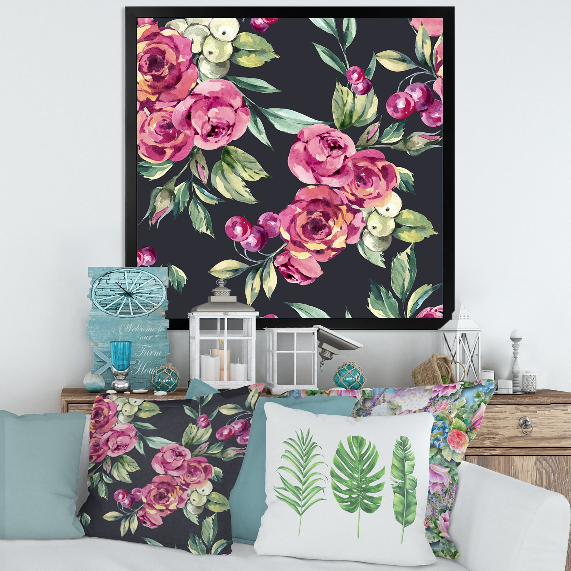 Designart 'Red VIntage Roses and Berries On Black Background' Farmhouse Framed Art Print