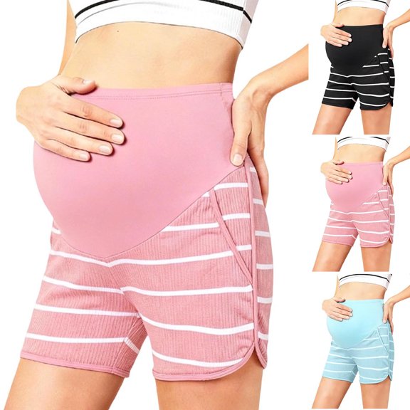 Zulora Pregnancy Maternity Shorts High Waist Over Belly Ribbed Striped Casual Pocket Summer Shorts For Pregnant Women
