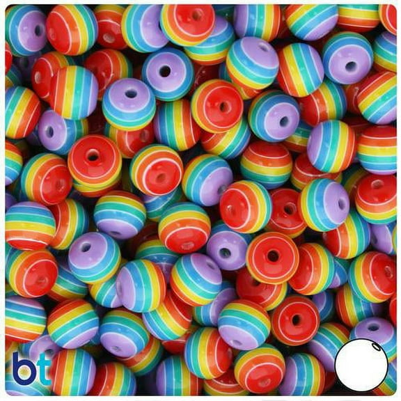 BeadTin Rainbow & White Striped 10mm Round Resin Beads (75pcs)
