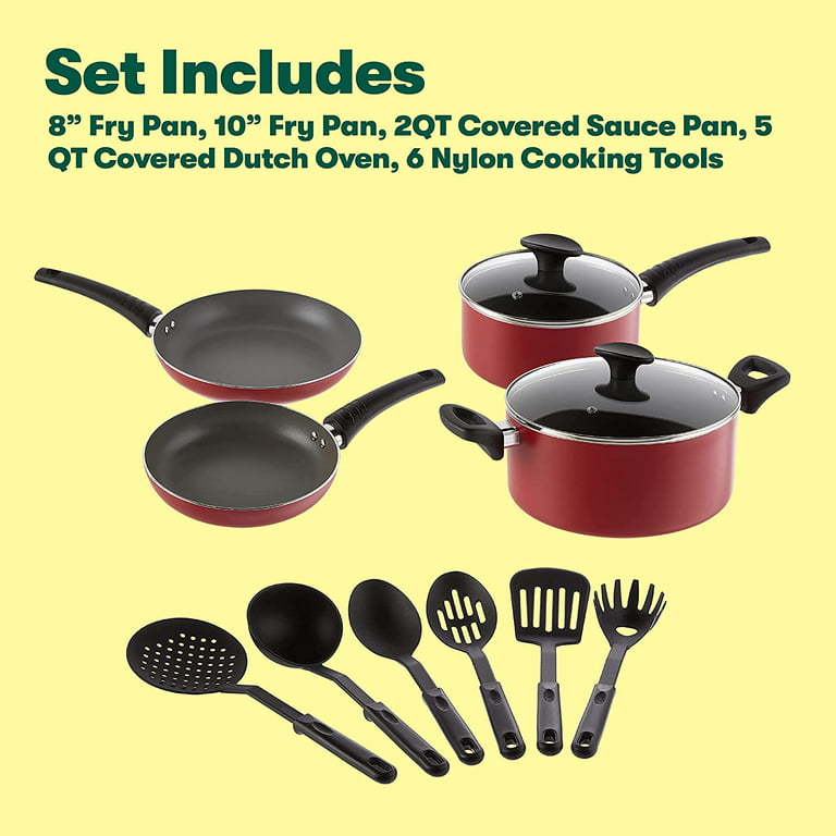 BELLA Nonstick Cookware Set with Glass Lids - Aluminum Bakeware, Pots and  Pans, Storage Bowls & Utensils, Compatible with All Stovetops, 21 Piece,  Red