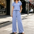 thumbnail image 2 of VBVC Women's Collared V-Neck 2 Piece Lounge Set, Casual Summer Tracksuit Outfit with Drawstring Wide Leg Pants and Pockets,Blue,S-2XL, 2 of 8