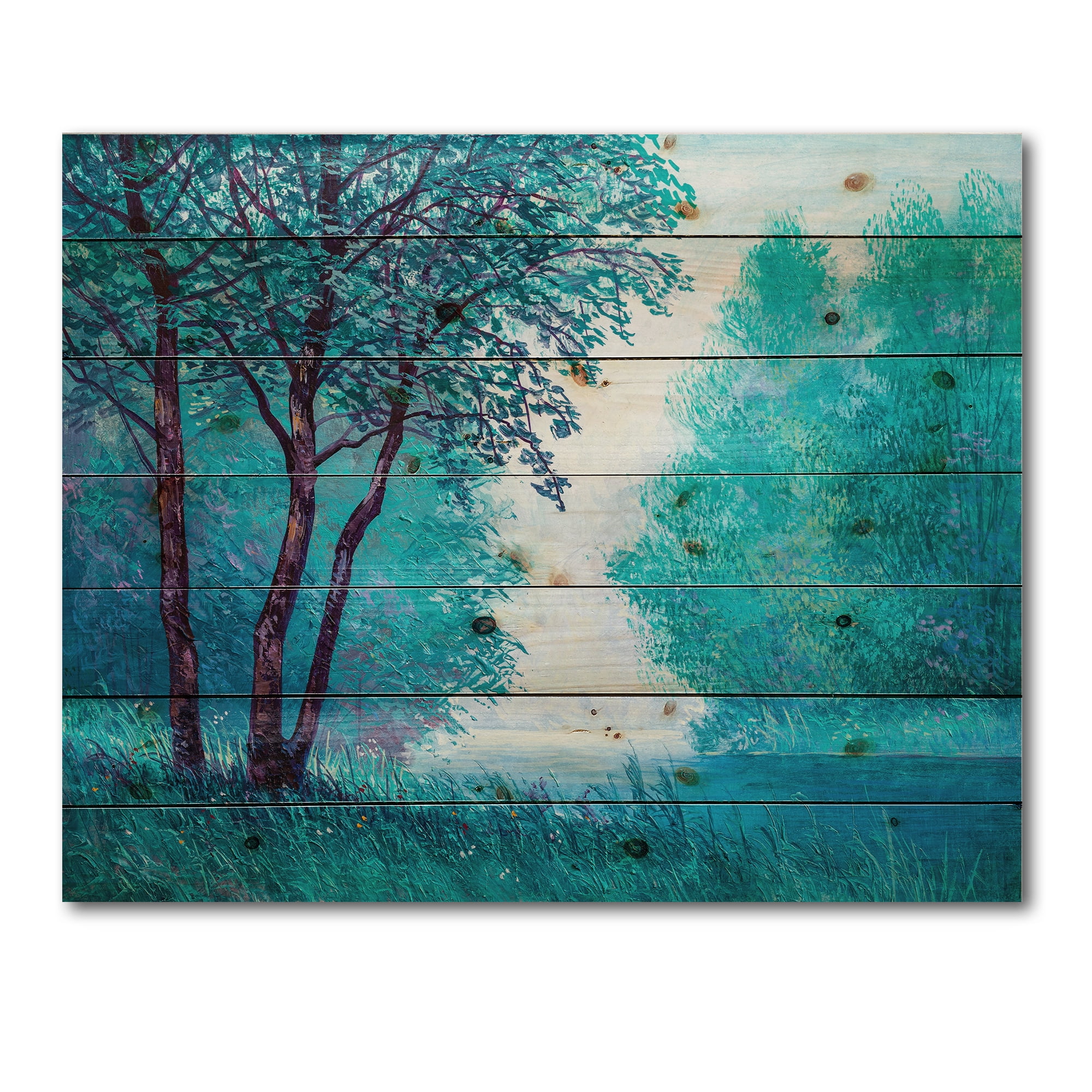 Designart 'Blue Coloured Tree Impression By Riverside' Lake House Print on Natural Pine Wood