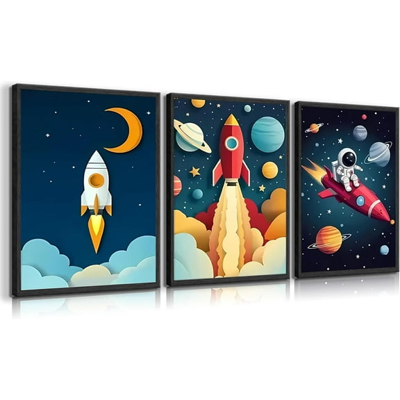 3Pcs Astronaut Wall Art Space Wall Art Toddler Boy Wall Decor Kids Room Wall Decor Boys Room Poster Prints Nursery Canvas Pictures Rocket Astronaut Painting Pictures