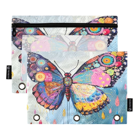 2 Pack Pencil Bag 9.84x6.1 Inch 3-Ring Page Turning Folder Zipper Pencil Case Pencil Bag Page Turning File Bag Cool Colorful Butterflies