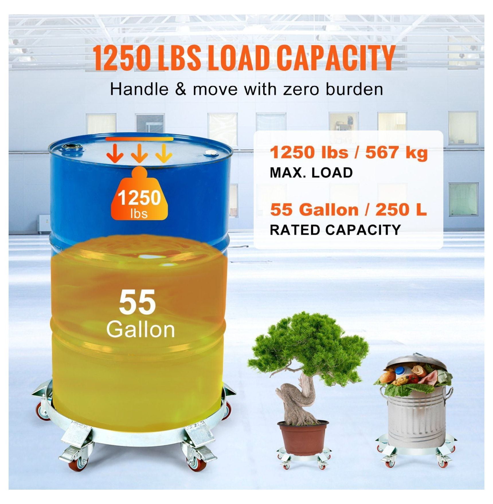 55 Gallon Drum Dolly - 1250lbs Capacity - Heavy Duty Steel Barrel Dolly Cart - Hand Truck with 5 Swivel Casters - Warehouse Drum Handling