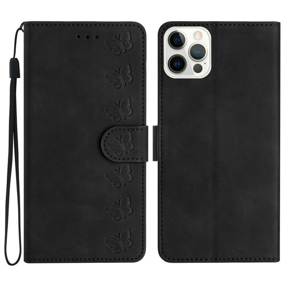 Wallet Case for iPhone 14 Plus, [2 Card Slots] [Kickstand] [Magnetic Clasp] Butterfly Pattern Premium PU Leather Flip Cover, Wrist Hand Strap TPU Shockproof Anti-Scratches Case, Black