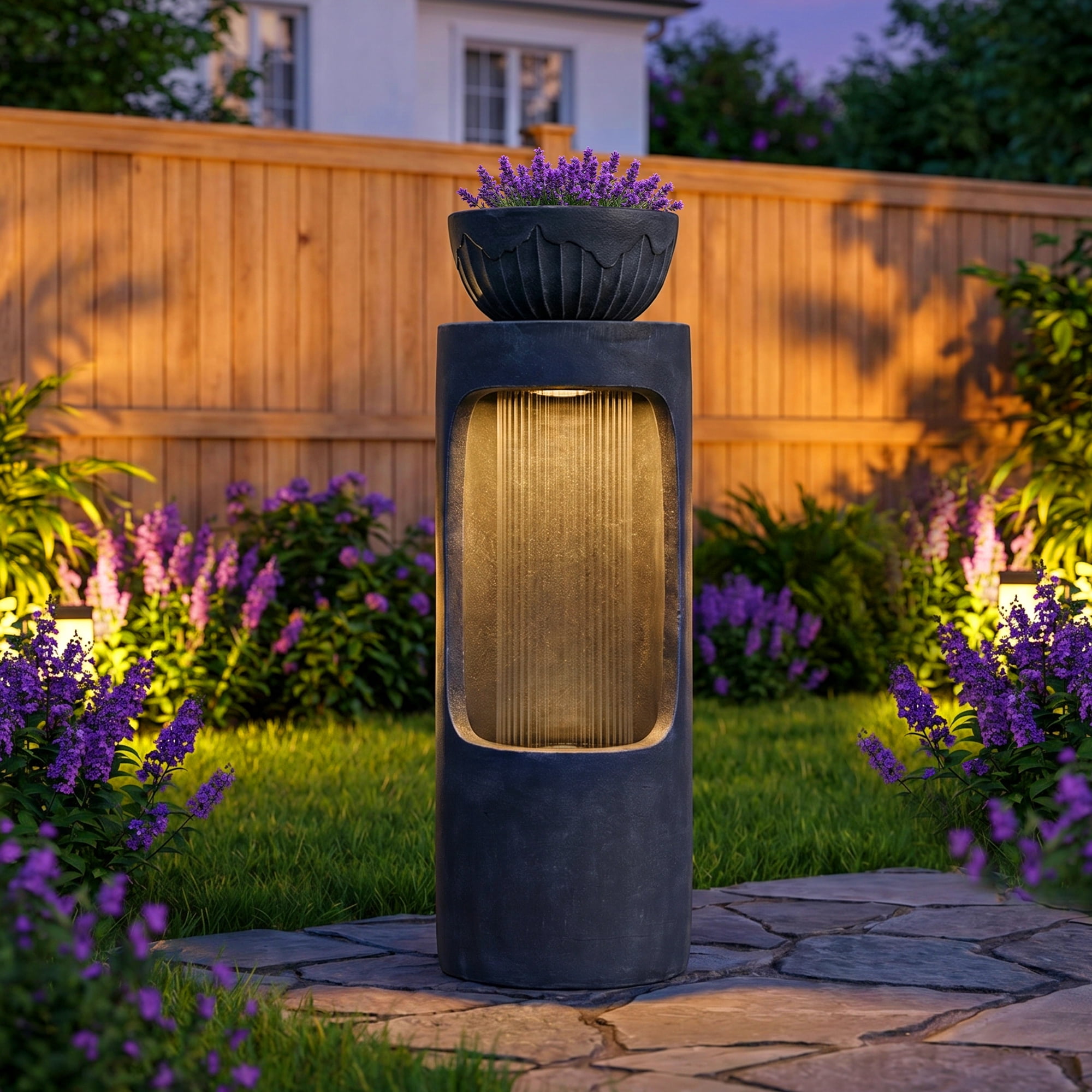 Magic Union 37.2" Outdoor Water Fountain, Cascading Waterfall Fountain with LED Lights & Planter Bowl, Garden Freestanding Resin Fountain for Outside, Water Feature for Patio, Balcony, Yard, Deck