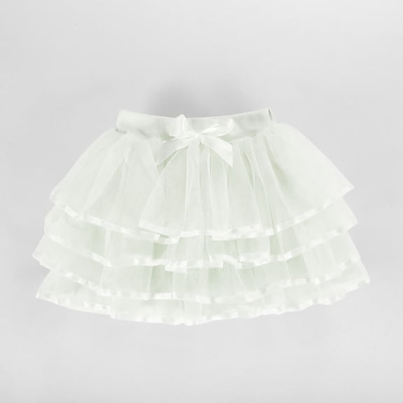 Riecok Girls Tiered Skirt Elastic Waist Mesh Princess Puffy Skorts Layered Lightweight Bow Tiered Skirt White 6-7Years