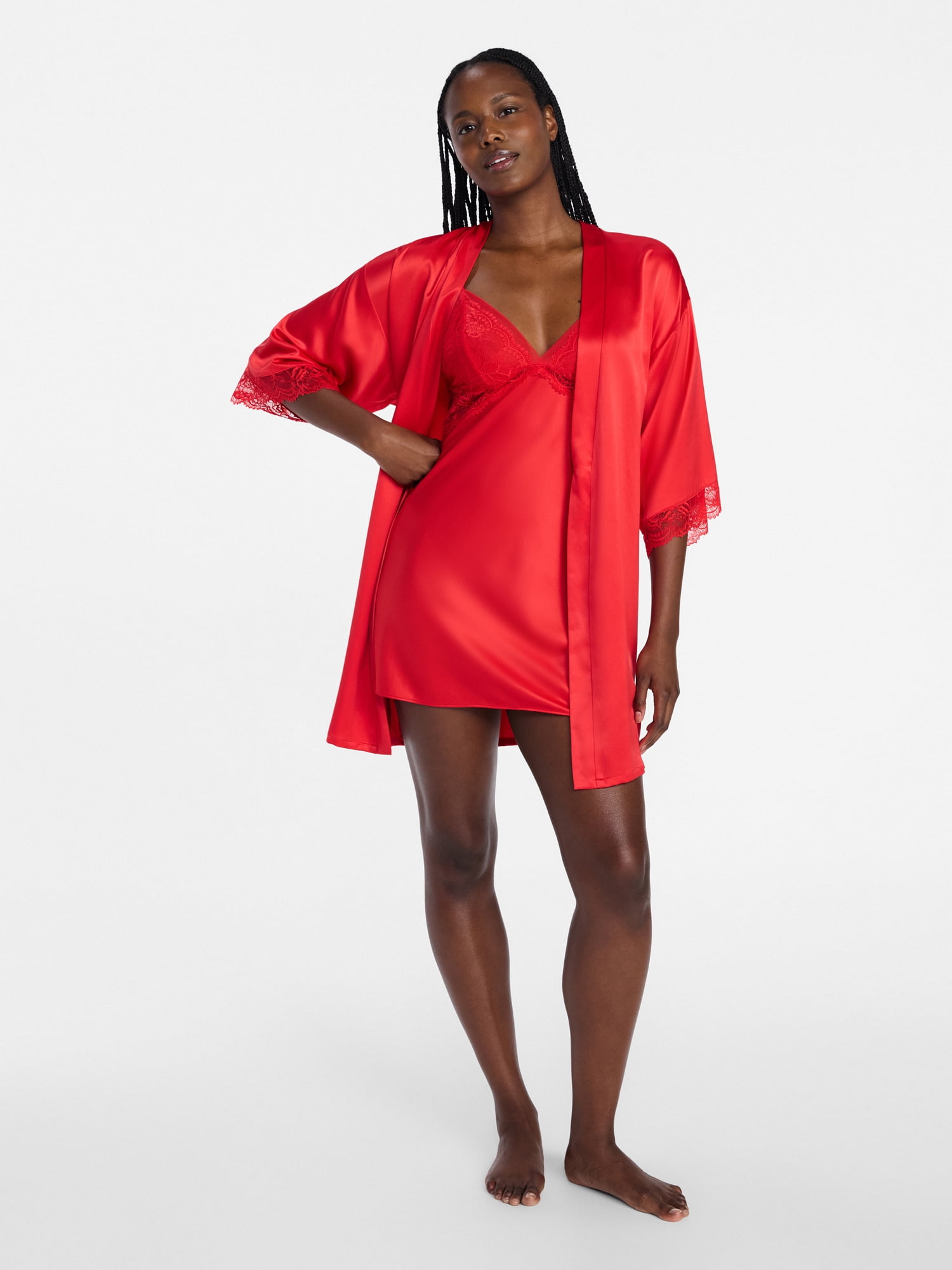 Joyspun Women’s Lace Trim Satin Valentine's Day Robe, Sizes S-3X