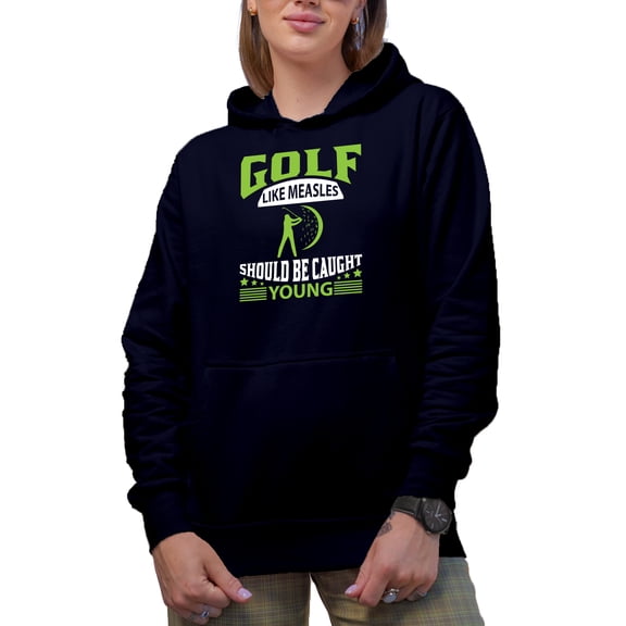 Golf Like Measles Should Be Caught Young, Golf Player, Golfing or Golfer Themed Merch Gift, Navy Blue Hooded Sweatshirt or Hoodie, 3XL