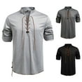 thumbnail image 4 of USNSM Men's Linen Cotton Retro Lace Up Shirt Long Sleeve Stand Up Collar Drawstring Top Casual Pullover Henley Shirt Gray L, 4 of 9