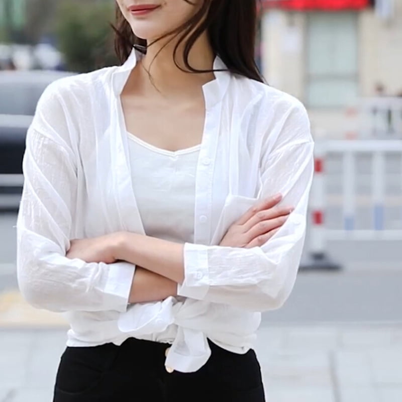 Summer Women Cotton Linen Tshirt Tops Casual 3/4 Roll Sleeve V Neck Tunic Tees Fashion Solid Color Flowy Button Blouse