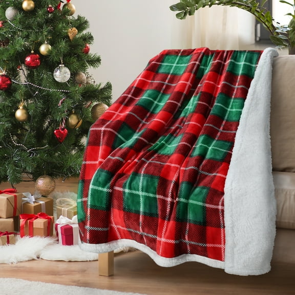 Plaid Sherpa Throw Blanket, Reversible Micro Fleece TV Blanket All Season for Bed or Couch 50" x 60"