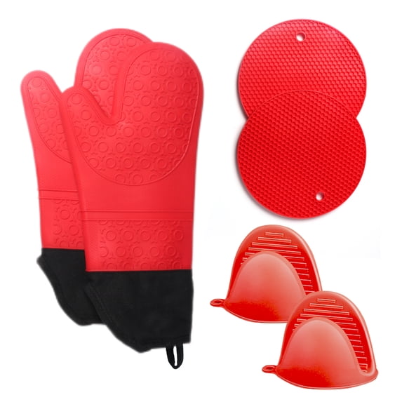 Yvnicll Silicone Oven Mitts and Pot Holders Set,Extra Long Heat Resistant Oven Mittens with Mini Oven Gloves and Hot Pads Potholders for BBQ Kitchen Baking Cooking,Pack of 6(Red) …