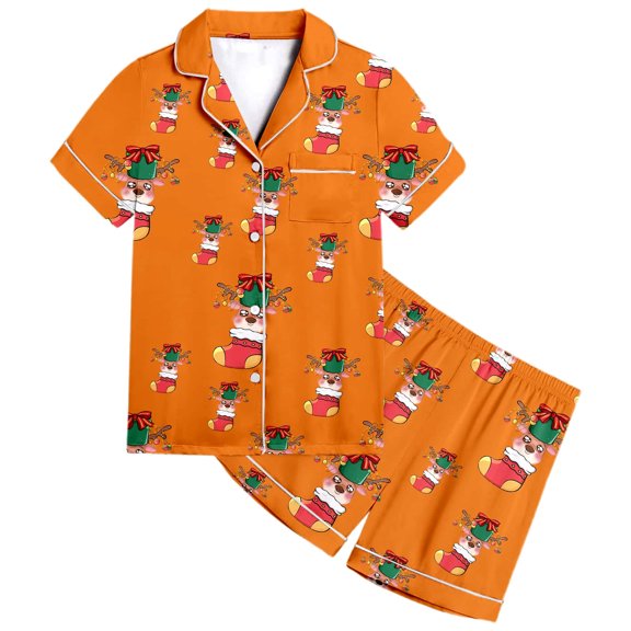 Girls Christmas Pajama Set Short Sleeve Top and Shorts Cute Holiday Sleepwear Soft Comfortable Two-Piece Outfit for Kids