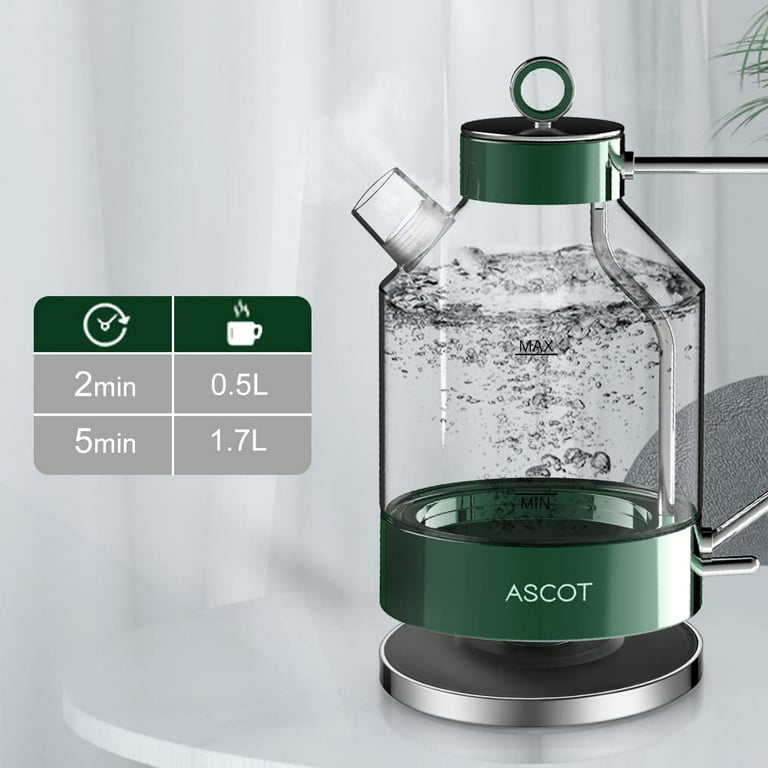  ASCOT Stainless Steel Electric Tea Kettle, 1.7QT, 1500W,  BPA-Free, Cordless, Automatic Shutoff, Fast Boiling Water Heater - Green:  Home & Kitchen