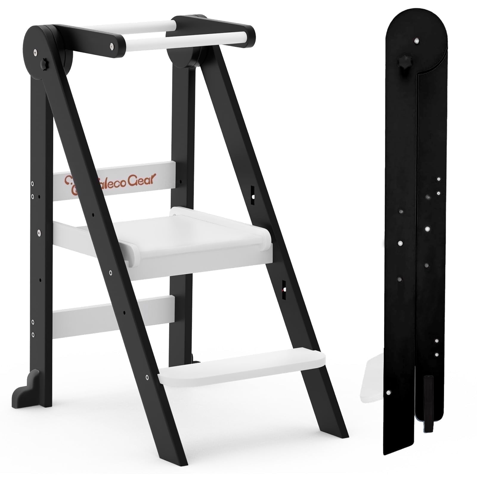 G TALECO GEAR Foldable Toddler Tower, Kitchen Kids Step Stool Helper, Standing Tower with 3 Adjustable Heights, Black&White