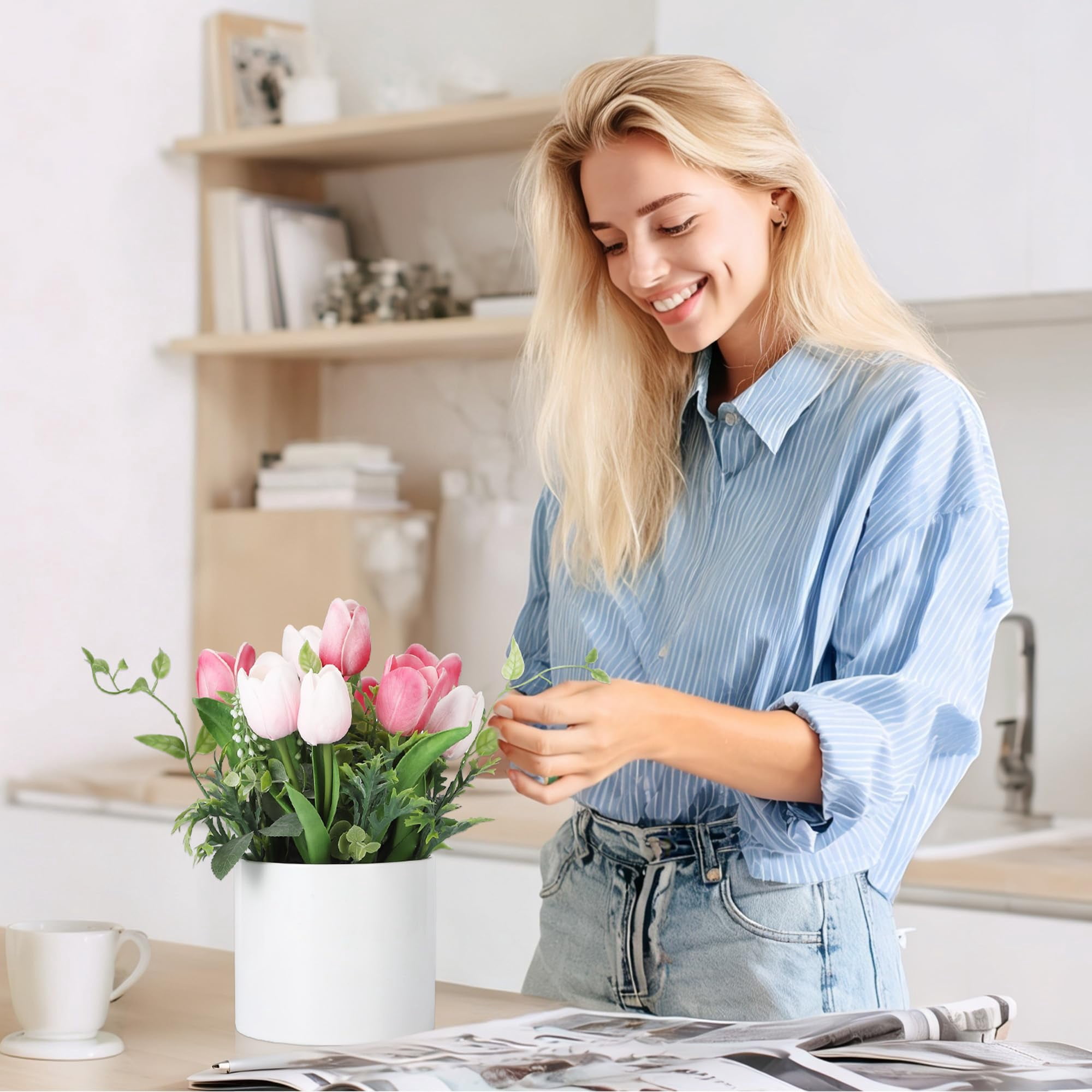 10 Pcs Artificial Tulips Flowers with Ceramic Pot, UV Protected PU Fake Floral Arrangement for Home Office Table Centerpiece, Mother's Day & Spring Decor,