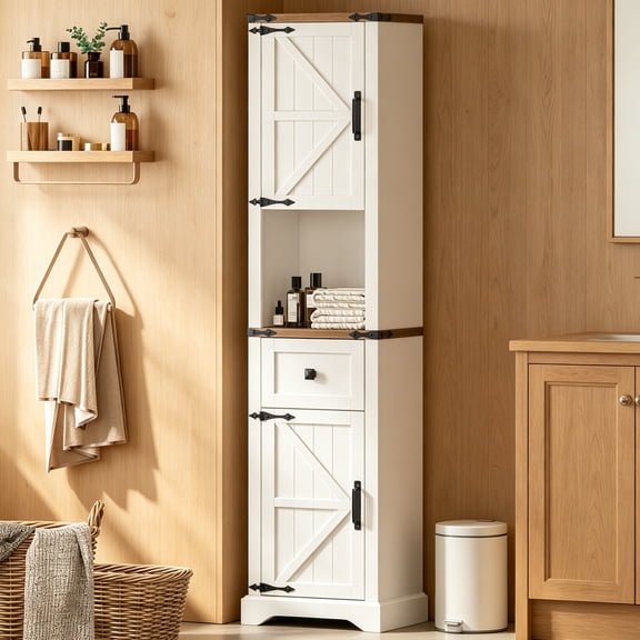 66" Tall Farmhouse Bathroom Storage Cabinet with Barn Doors and Drawer, Narrow Storage Unit, Adjustable Shelves & 5-Tier Space, Freestanding Cabinet for Bathroom, Living Room, Kitchen