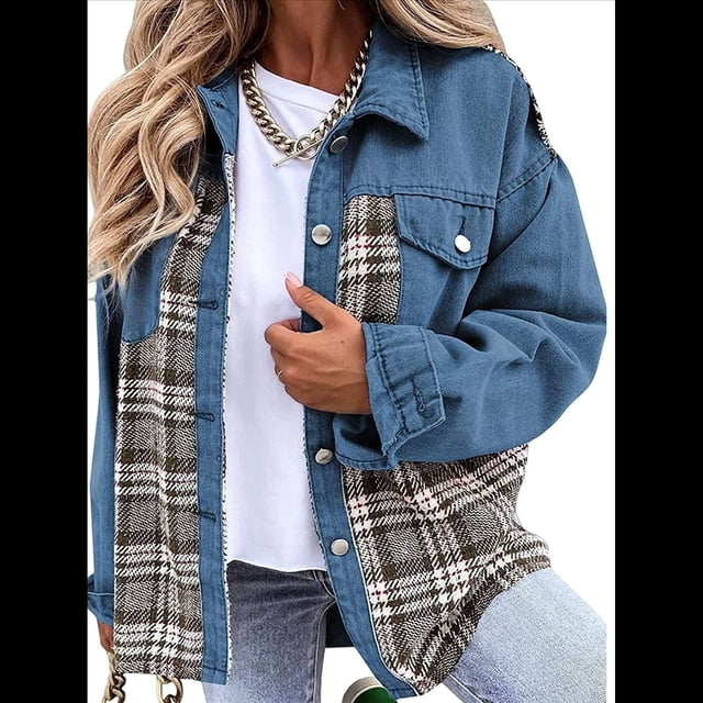 Chaqueta Vaquera Estilo Boyfriend, Informal, de Larga, con Botones y Bolsillos, para Mujer Azul L