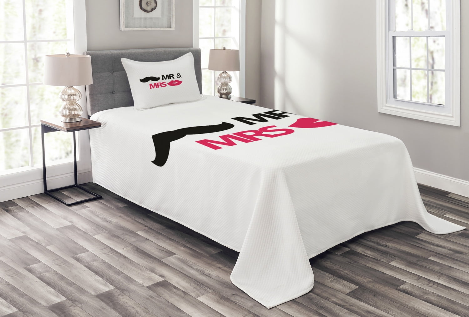 Wedding Bedspread Set Funny Stencil Art Lips Moustache Mr And Mrs Retro Stylized Design Art Print Decorative Quilted Coverlet Set With Pillow Shams Included Black Pink White By Ambesonne Walmart Com