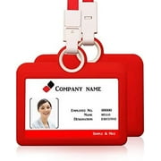 Badge Holder Silicone Horizontal ID Badge Card Holder with Lanyard Neck Strap Heavy Duty ID Card Business Card Offices Supplies (Red)