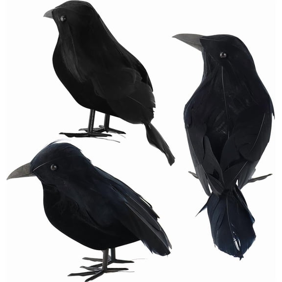 3 Pack Halloween Decoy Crows - Lifelike Black Feathered Birds for Indoor/Outdoor Spooky Decor