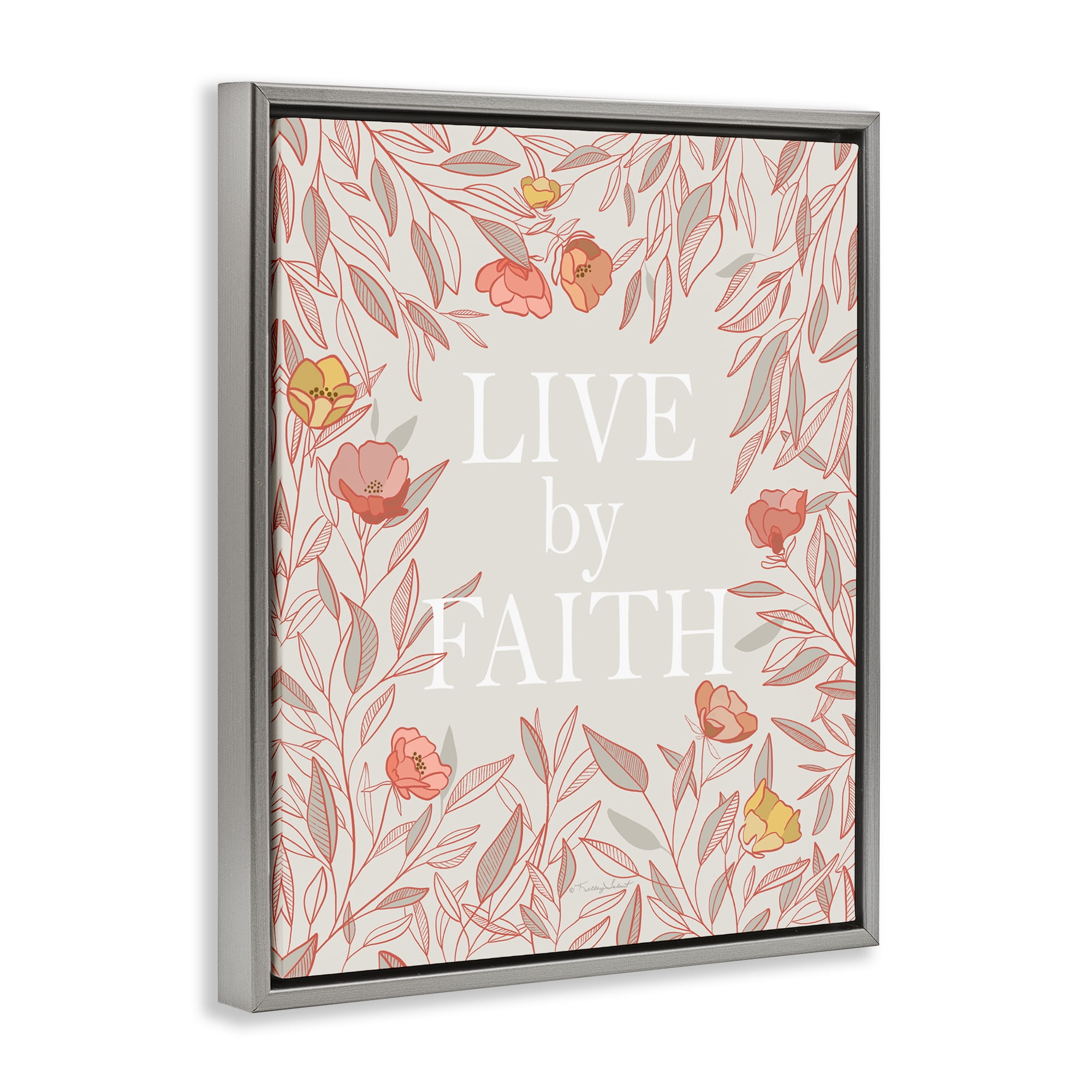 Live By Faith Rosy Florals Gray Framed Floater Canvas Wall Art, design by Kelley Talent