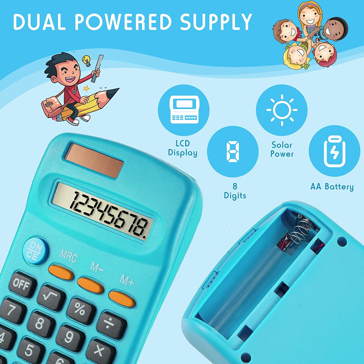 6 Pieces Small Basic Calculator Bulk 8 Digit Mini Solar Battery Dual Power Pocket for Kids Students Classroom Desktop Home Office, Standard Function Colors