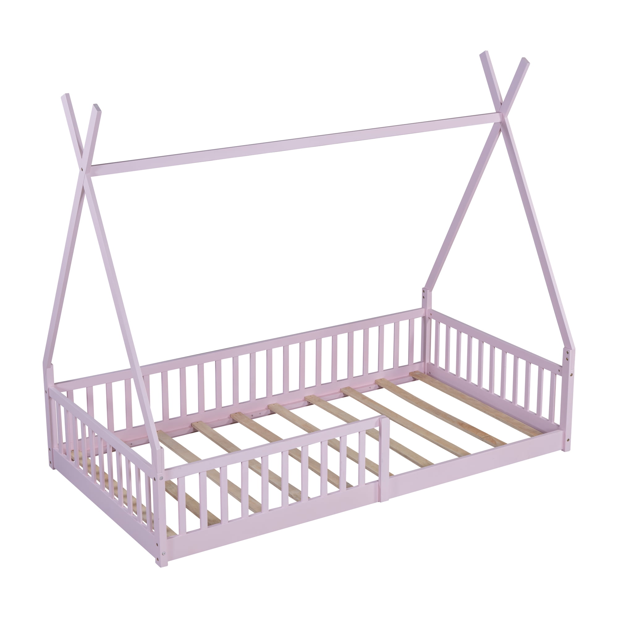 Kumix Tent Floor Bed with Fence Guardrail, Wooden Twin Size Floor Bed with Triangle Framework for Teens Boys and Girls, Floor Bed with Slats Supports for Bedroom, Noise-Free, Pink