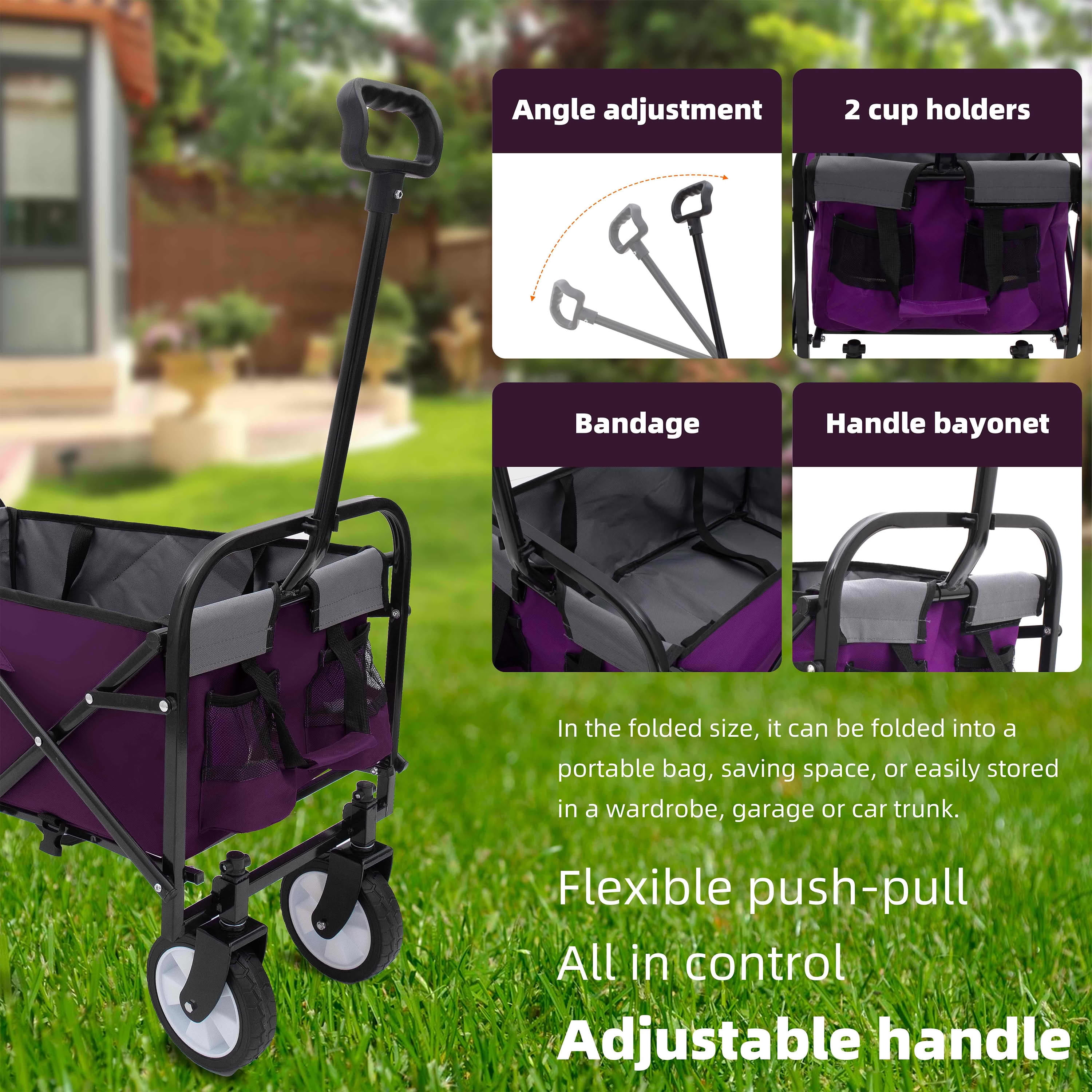 MAYEERTY Strap Collapsible Wagon Cart, 225LBS Heavy Duty, 360° Swivel Wheels & Strapping System, Purple for Camping Shopping Garden