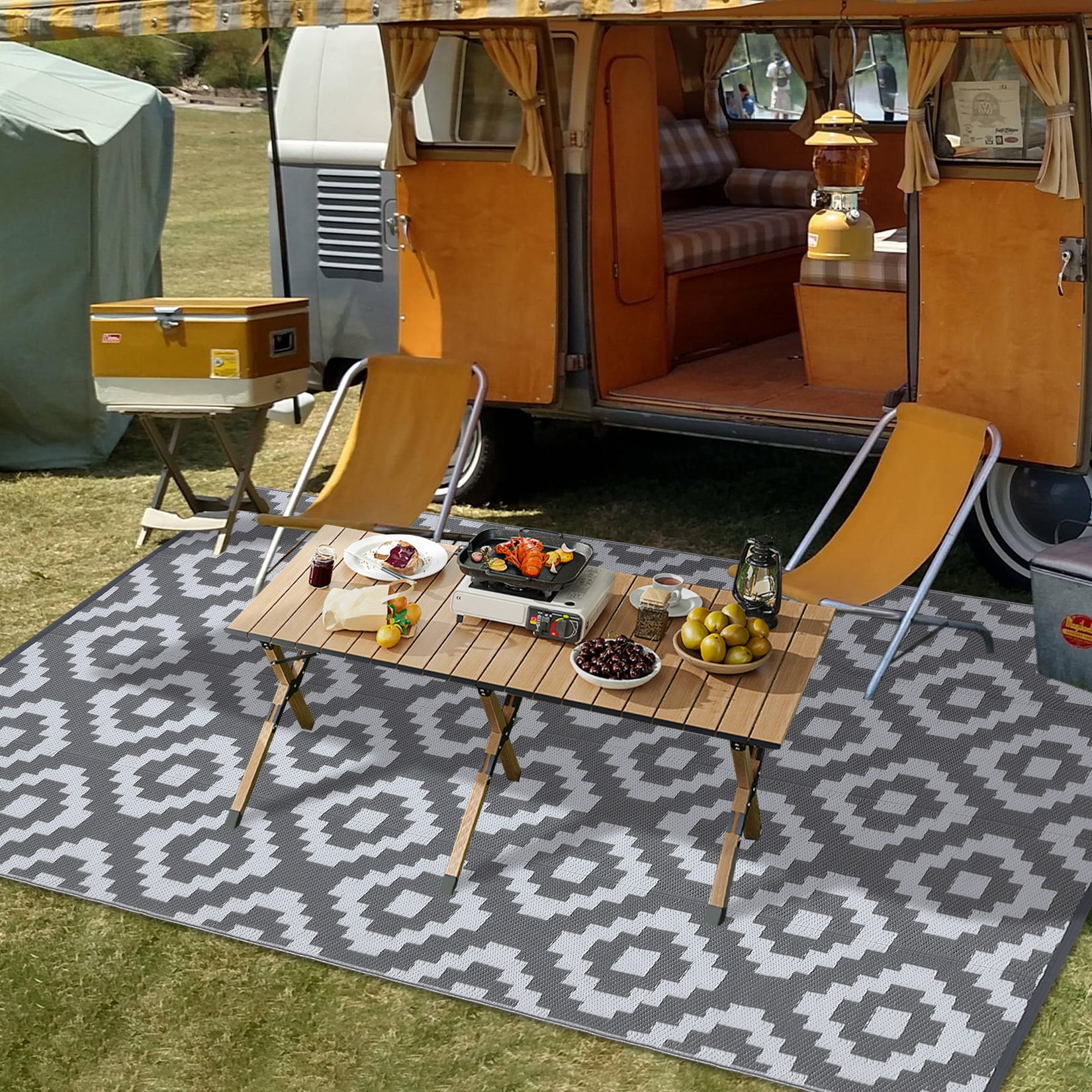 Garvee Waterproof Outdoor Rug 8'x10' Reversible Plastic Patio Rugs, Portable Modern Abstract Indoor Outdoor Carpet for Camping, Balcony, Deck, Backyard, Gray & White, with Storage Bag