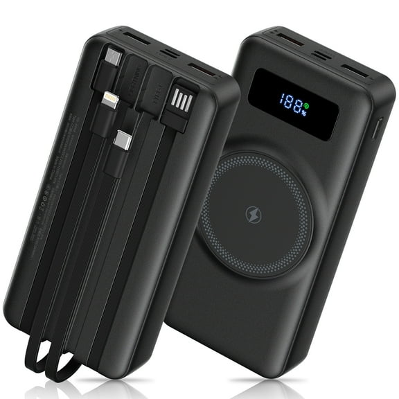 Magnetic Portable Charger Power Banks for iPhone Cell Phones with Built in Cables,HopePow 20000mAh LED Power Display Charging Banks Compatible with iPhone 16 Plus/Pro Max/15//14 Series,Android,Black