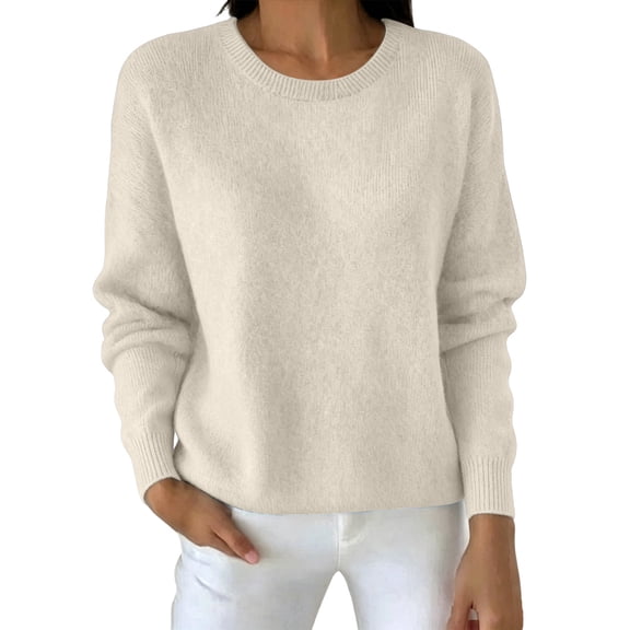 TEAJOPSUU Womens Winter Fall Knitted Sweaters Solid Long Sleeve Crew Neck Shirts Casual Relaxed Fit Pullover Blouses Beige