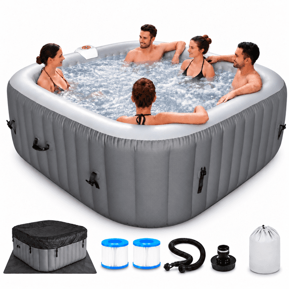 Altrenxs Inflatable Hot Tub, 73" Square Outdoor Spa for 4-6 Person, 130 Bubble Jets, 104°F Heating, Reinforced PVC, Cover & Filter, Black