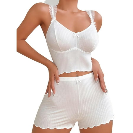 

Cute Plain Sweetheart Neck Cami Top Shorts Sleeveless White Women Pajama Sets (Women s)