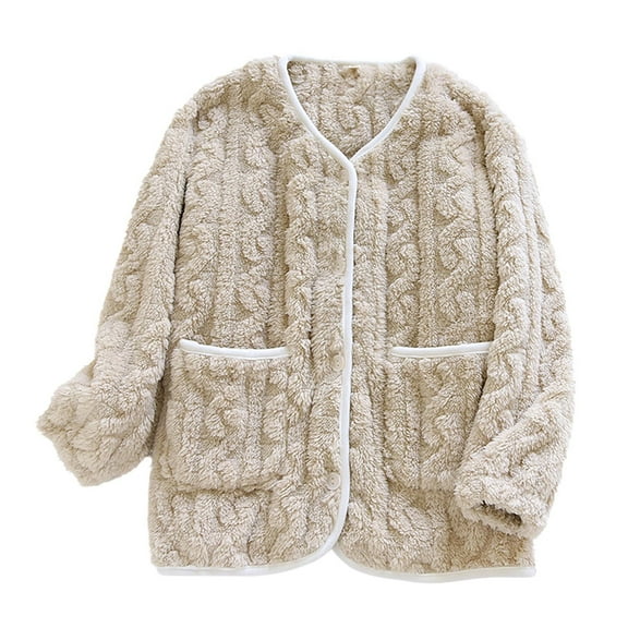 Generic Women's Plush Pajama Tops Button Down Sleepwear Fuzzy Fleece Jacket Long Sleeve Soft Warm Winter Coat with Pockets