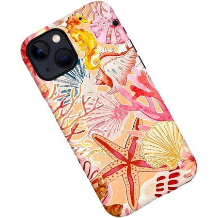 Case for iPhone 14 Plus Watercolor Starfish Flower Seashell Phone Case Military-Grade Drop Protection Cover for Women Girl - Frosted