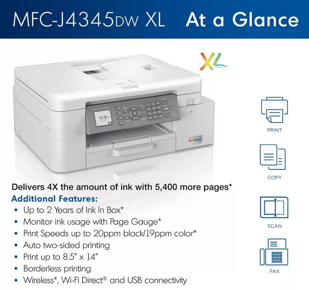 (OPEN BOX) BROTHER MFC-J4345DWXL – MULTIFUNCTION PRINTER – COLOR – INK-JET – A4/LEGAL (MEDIA) – UP TO 13 PPM (COPYING) – UP TO 20 PPM (PRINTING) – 150 SHEETS – 14.4 KBPS – USB 2.0, WI-FI(N)