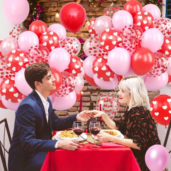 Valentine's Day Balloons, Hot Pink Heart Printed Confetti Balloons for Party Decorations