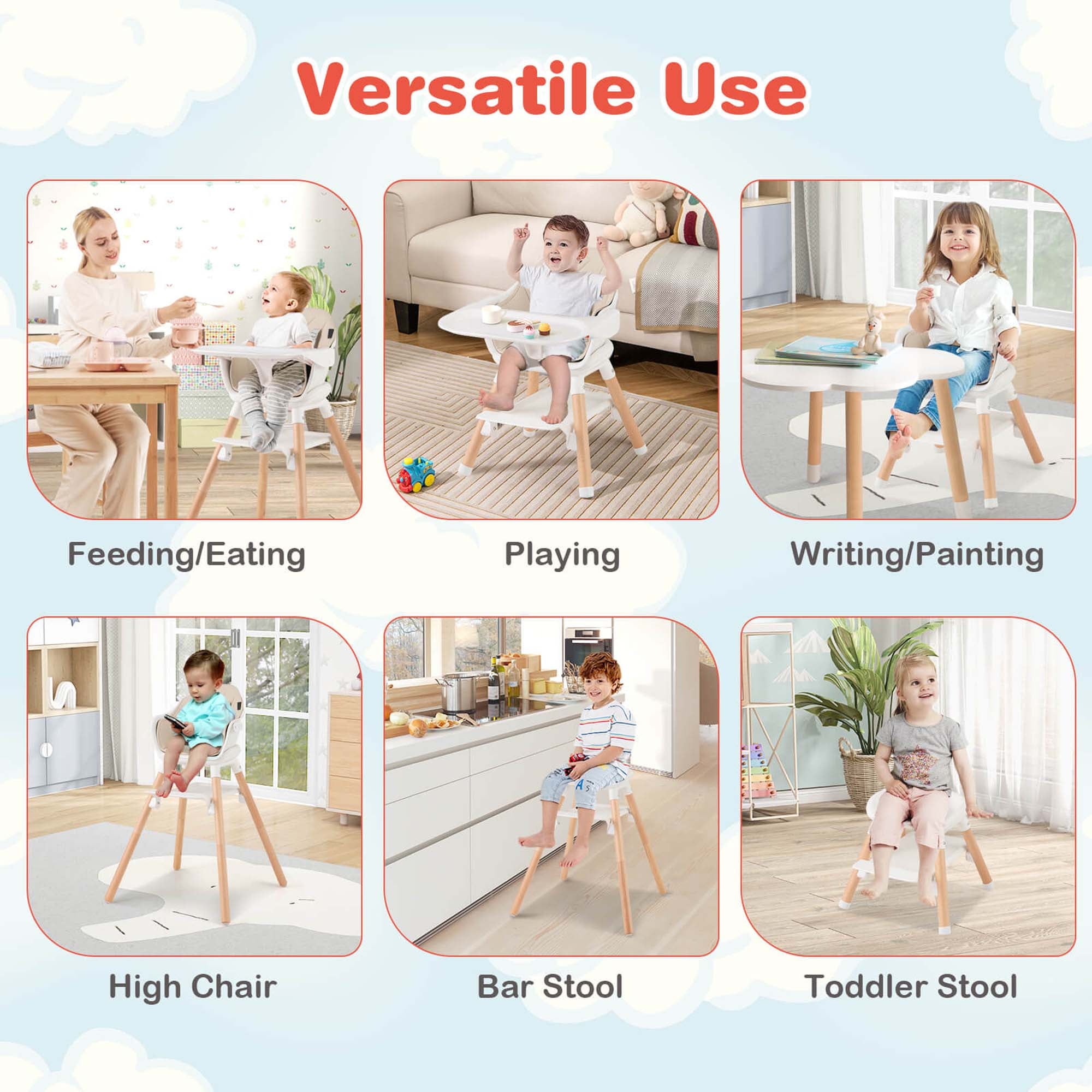 Costway 6-in-1 Convertible Wooden Baby Highchair Infant Feeding Chair with Removable Tray Beige