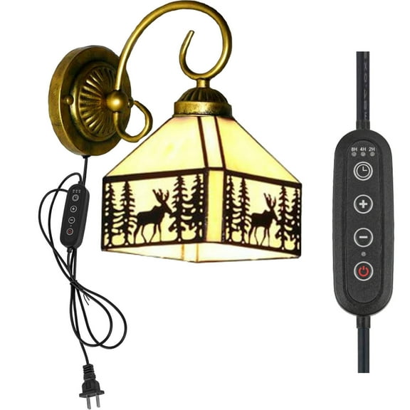 Kiven Plug in Black Wall Lamp Tiffany Style Dimmable Plug in Wall Sconce with Timer, Glass Lampshade, 5.9ft Plug-in Cord, E26 Socket