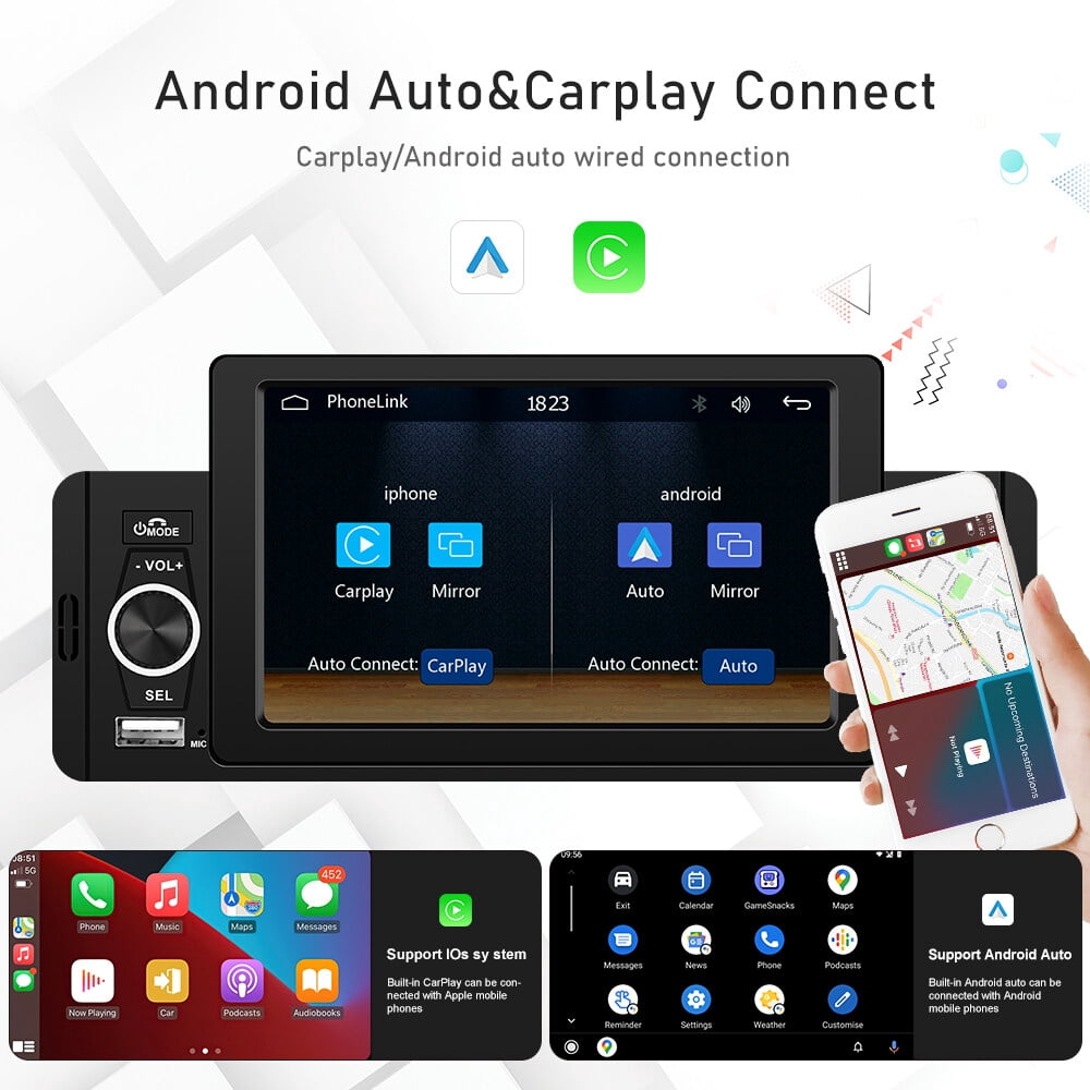 Podofo  5'' Touch Screen Car Stereo Radio with Apple Carplay Android Auto Mirror Link HD Car MP5 Multimedia Player Bluetooth USB FM Audio Receiver USB, Backup Camera