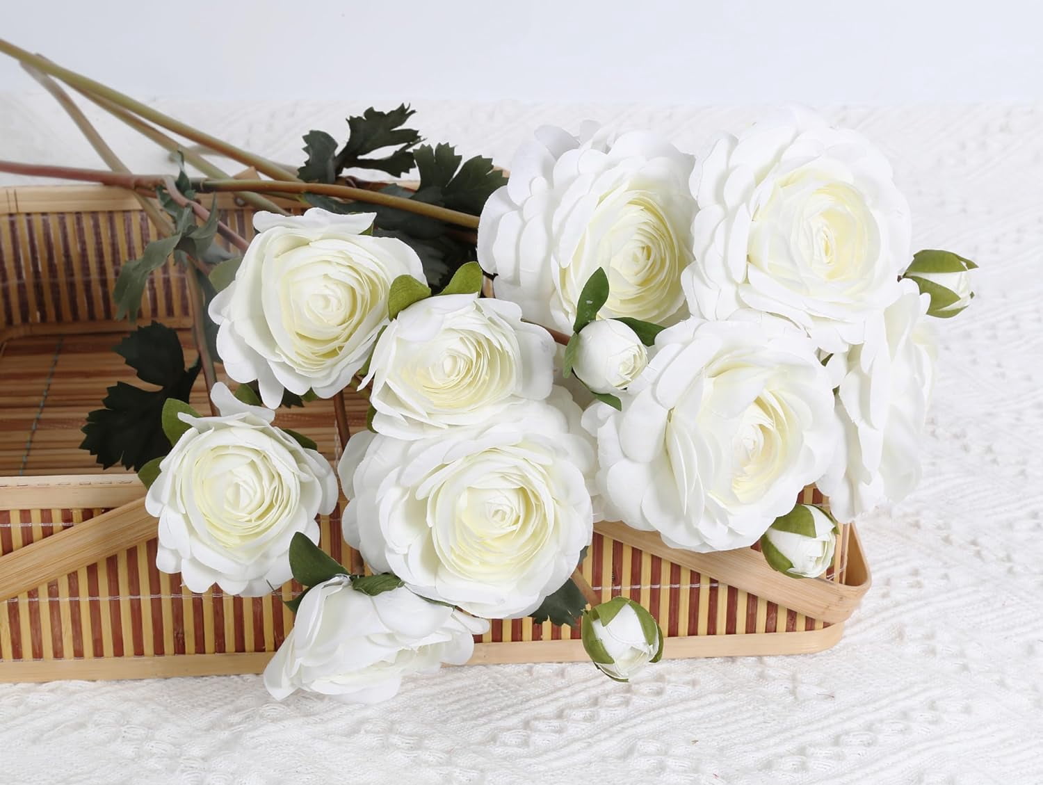 White Ranunculus Artificial Flower 5Heads '' Long Stems Silk Ranunculus Fake Peonies Artificial Flowers for DIY Wedding Bouquets Home Kitchen Decorations (White)
