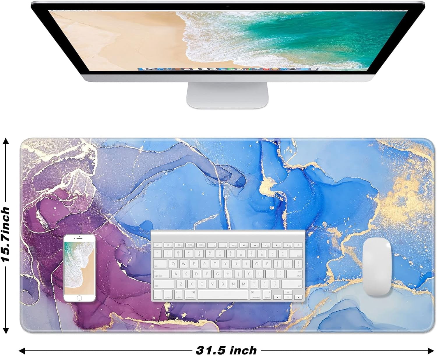 Extended Large Mouse Pad, XXL Gaming Mousepad 31.5 x 15.7 Inch, Big Computer Keyboard Desk Pad, Waterproof Mouse Mat with Stitched Edges and Non-Slip Base for Office Gaming, Purple Marble