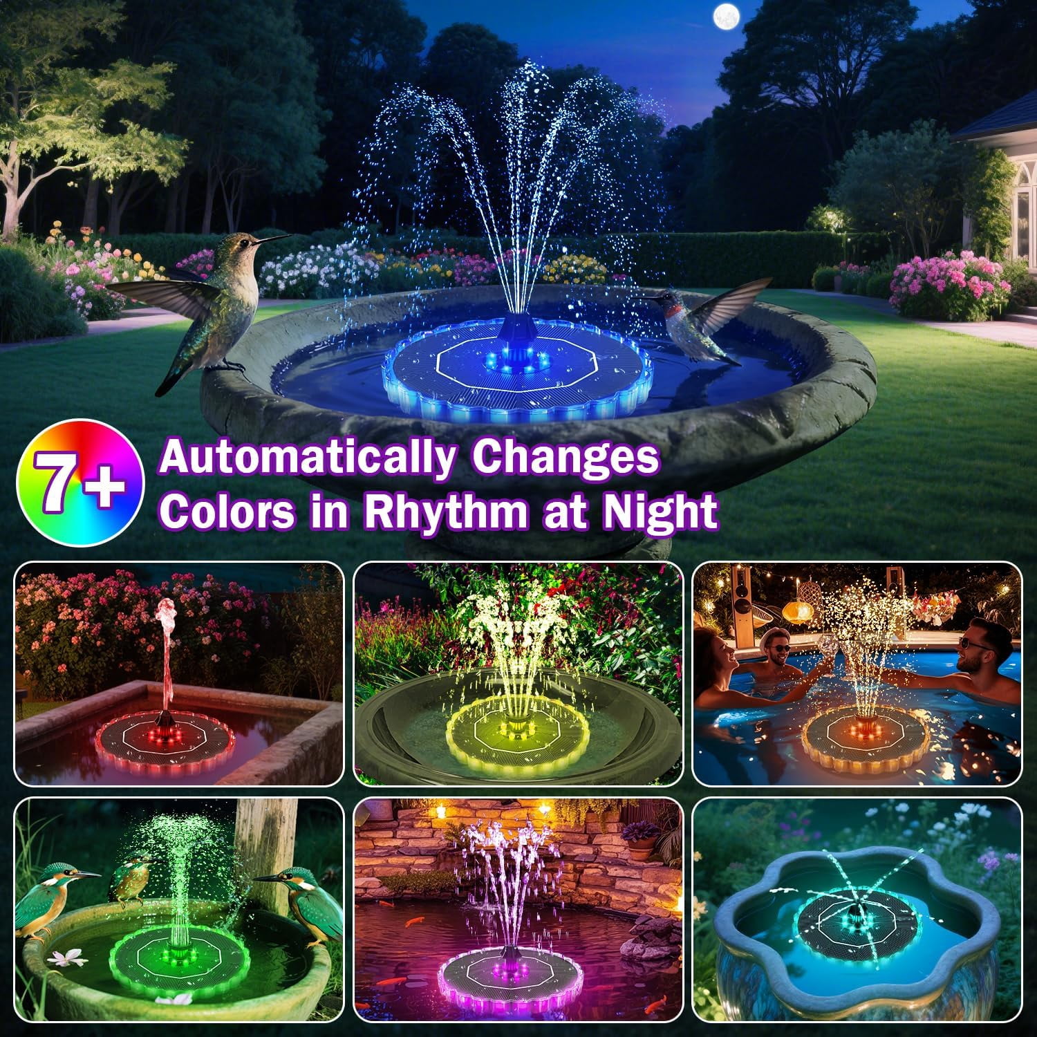 3.5W Solar Water Fountain with 2000mAh Battery and 3D Color Changing LED Light, Anti-Drift Fixer and 8 Nozzles, Outdoor Fountain Kit for Garden, Patio and Pond