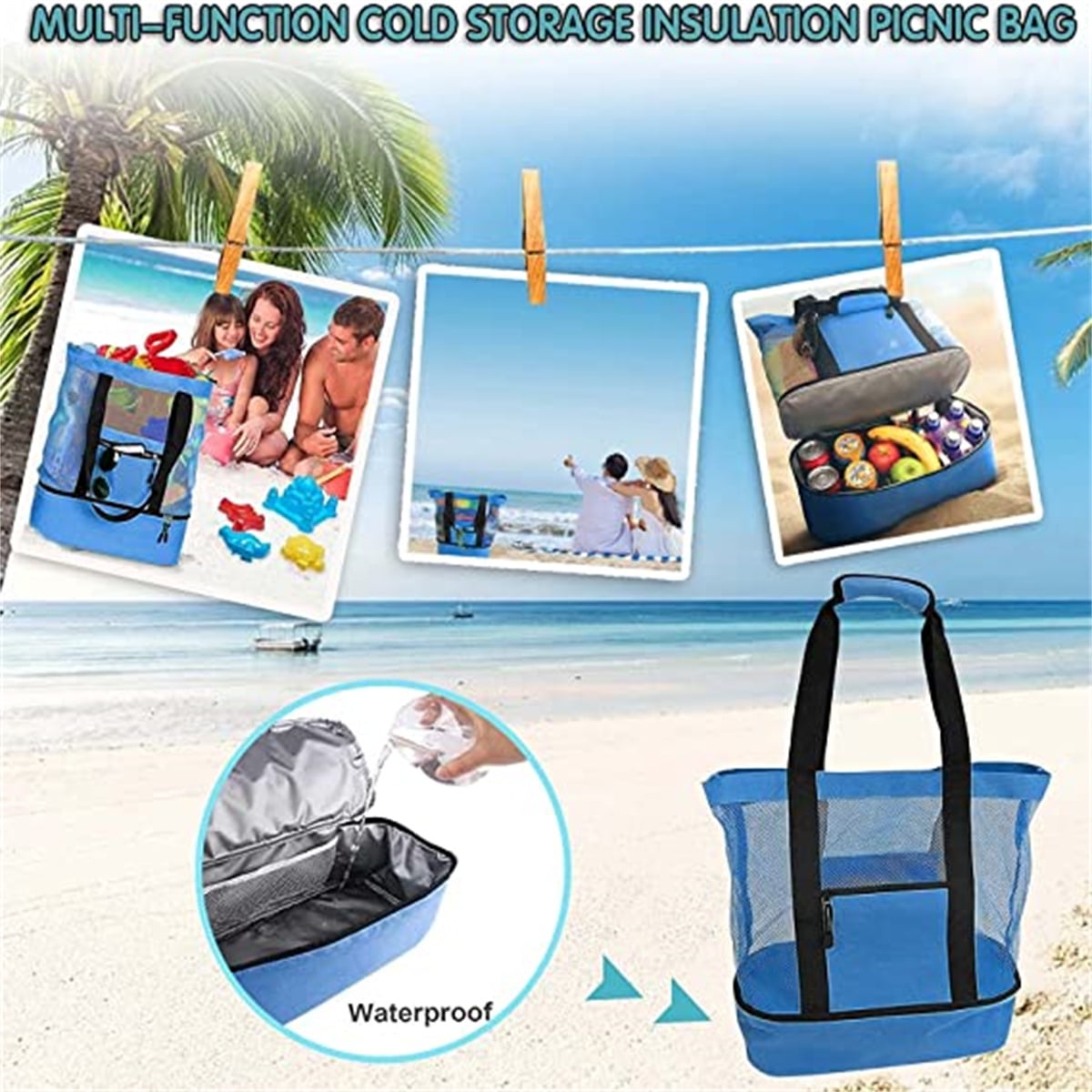 Outdoor Insulated Cooler Bag Portable Mesh Beach Bag Upgraded