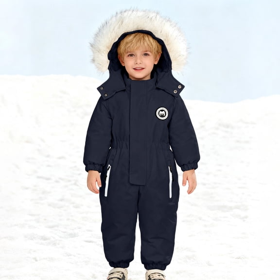 lnmuld Kids One-piece Solid Color Boys Winter Thermal Romper Jumpsuit Insulated Baby Snowsuit Warm Padded Coverall for Toddler Kids Outdoor Play Size:3-4 Years