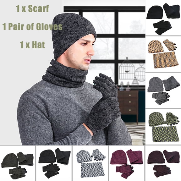 Visland 9 Colors Men Woolen Hat, Thick Windproof Warm Plush Cap Gloves Scarf Set for Autumn Winter